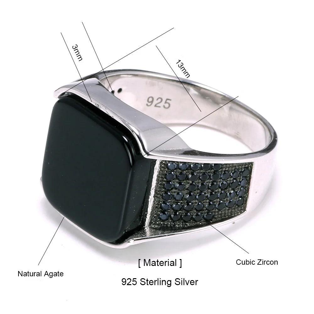 925 Sterling Silver Natural Black Agate Ring