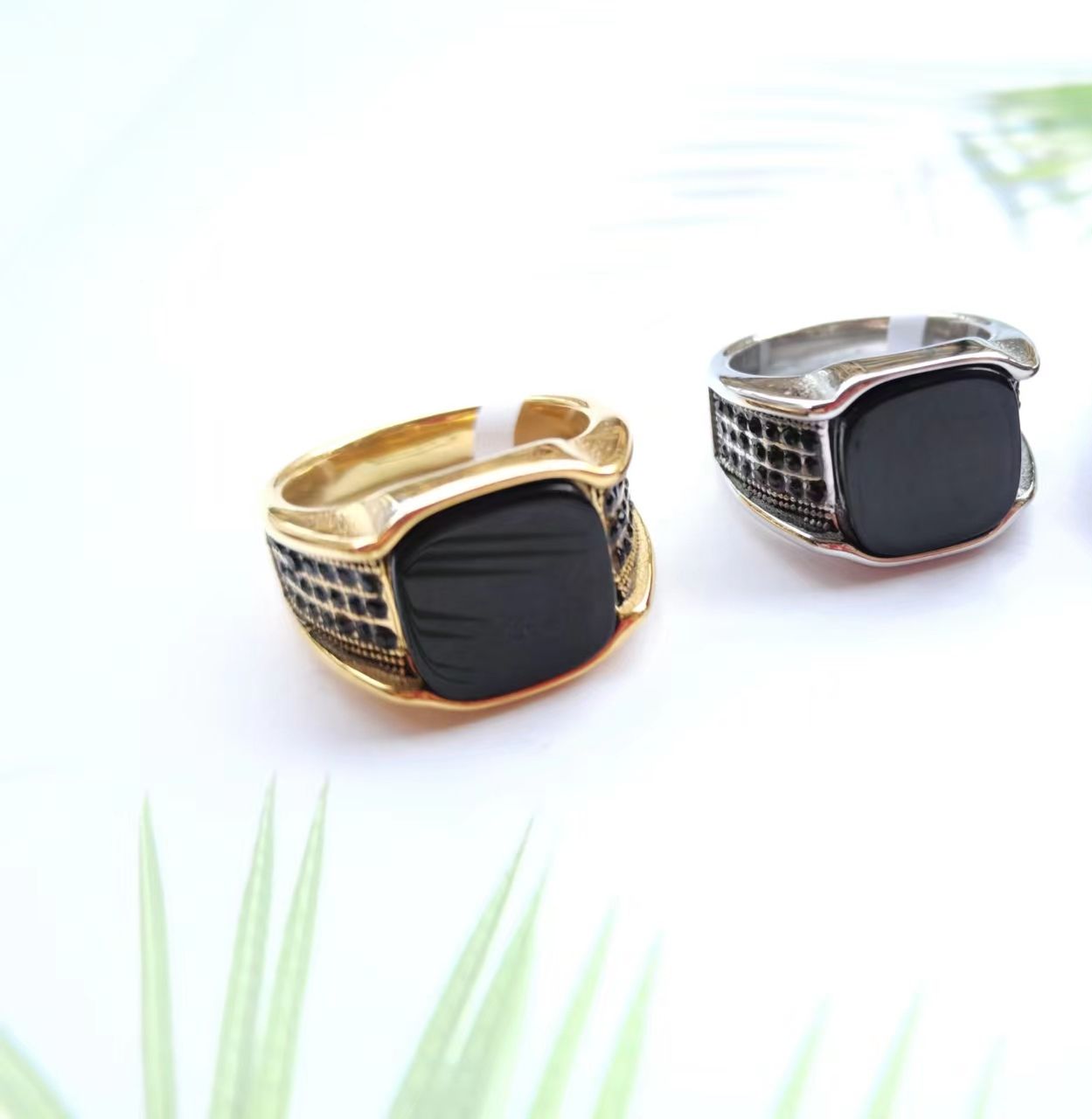 925 Sterling Silver Natural Black Agate Ring