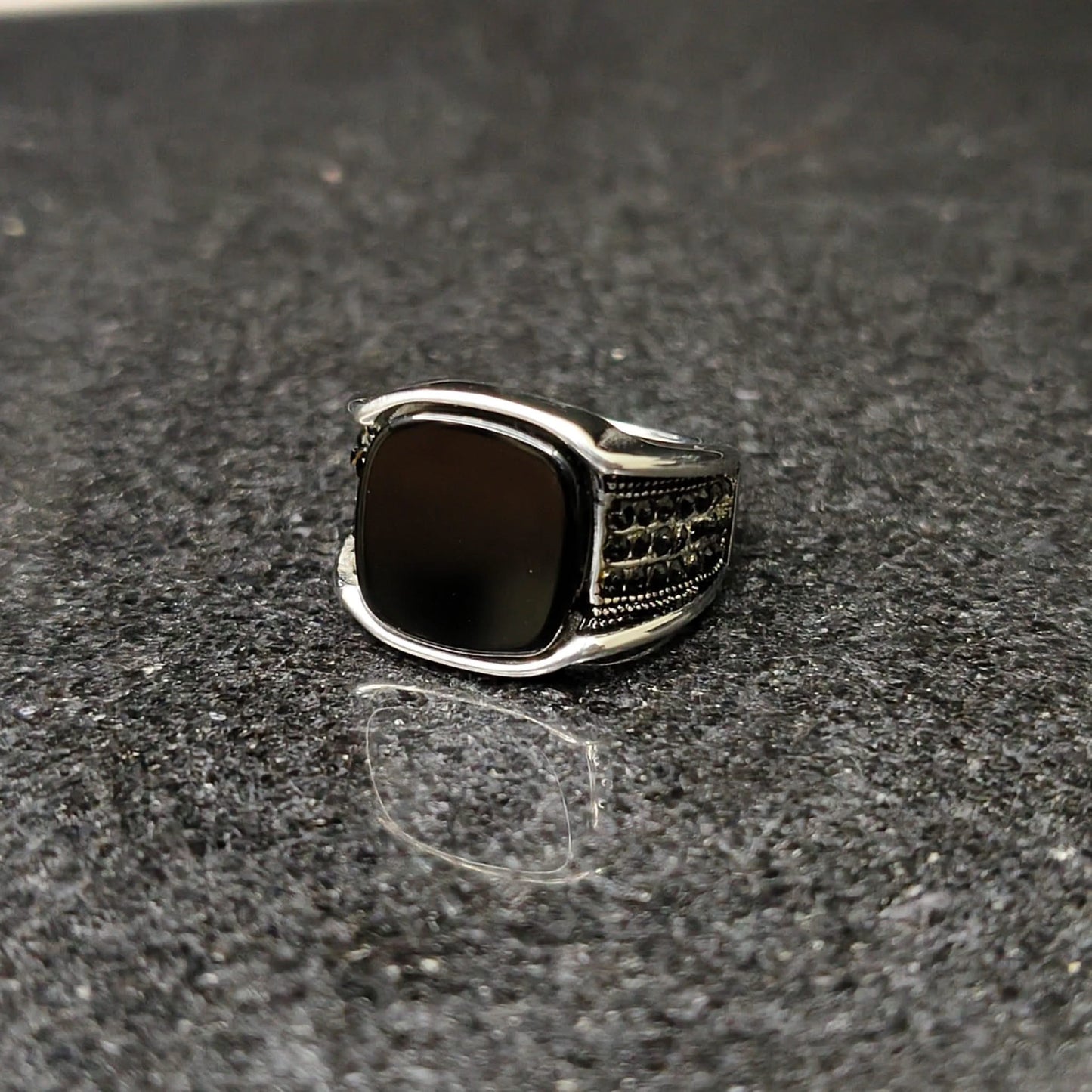 925 Sterling Silver Natural Black Agate Ring