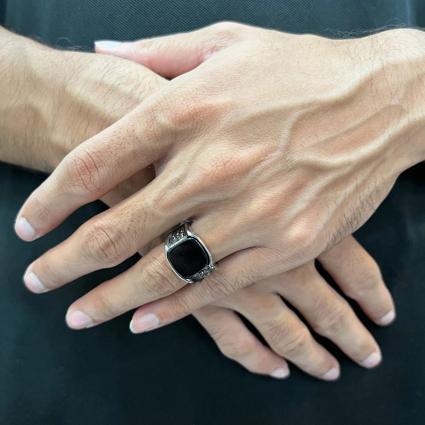 925 Sterling Silver Natural Black Agate Ring