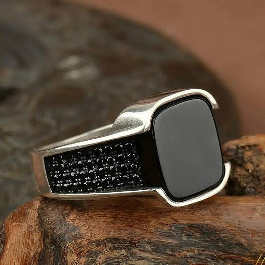 925 Sterling Silver Natural Black Agate Ring